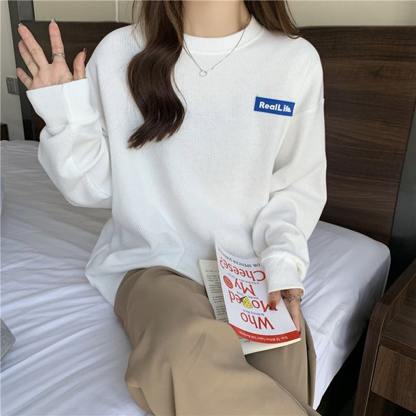 waffle Knit Sweatshirt Women, Spring And Autumn, Thin, Loose, Versatile, Slimming, Simple Style, Round_ecoleips.com