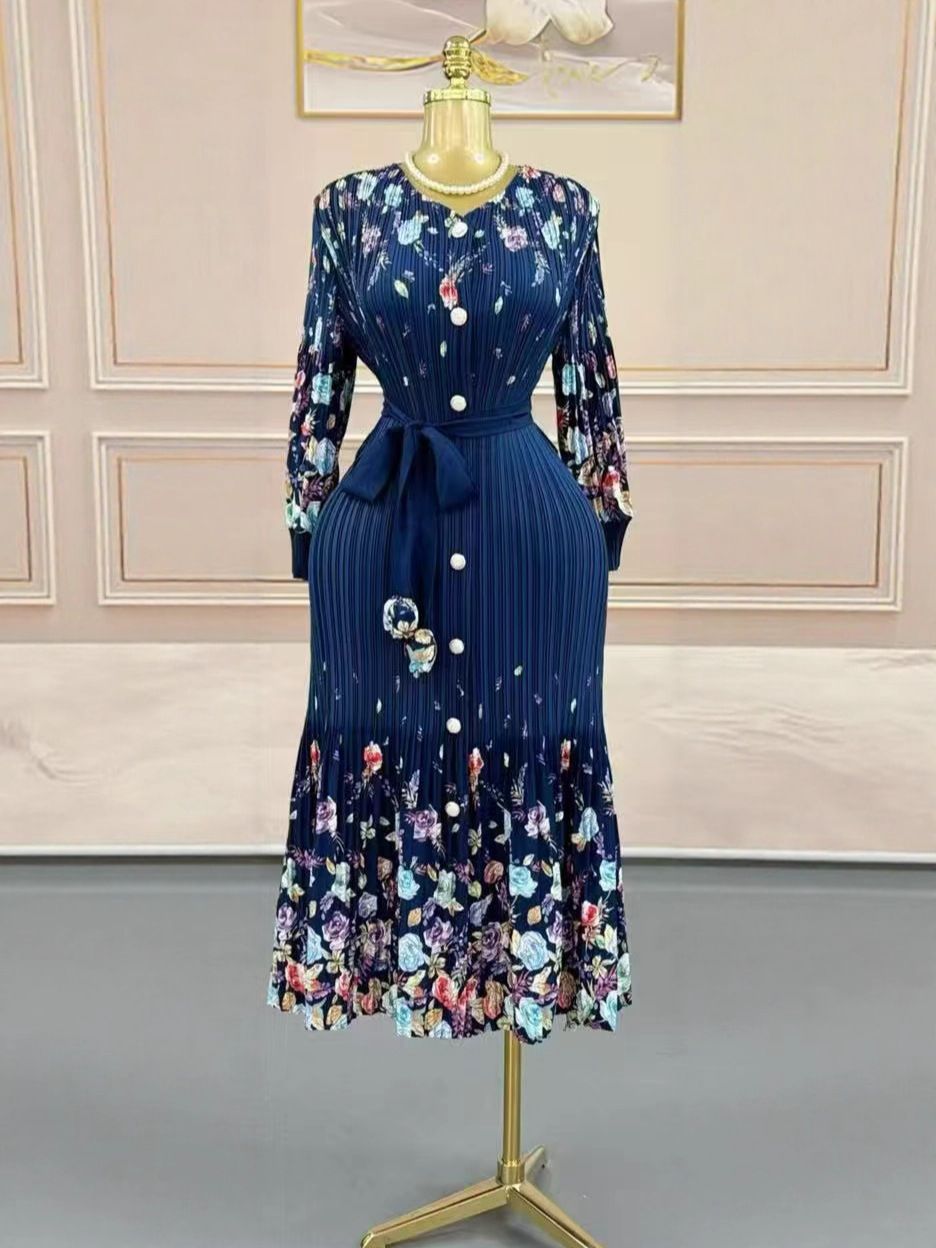 Elegant Pleated Midi Dress – Printed V-Neck Button-Down Dress With Relaxed Fit (Fall Collection)_ecoleips.com