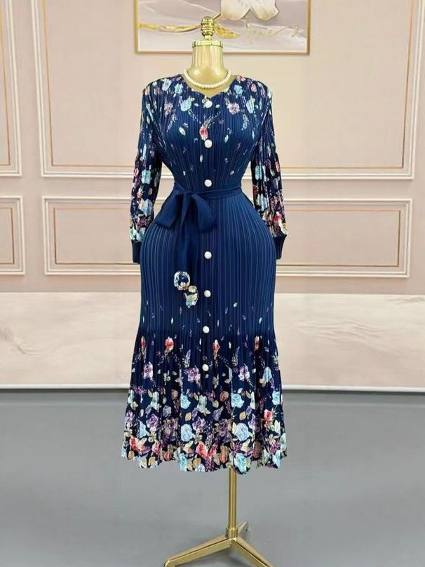 Elegant Pleated Midi Dress – Printed V-Neck Button-Down Dress With Relaxed Fit (Fall Collection)_ecoleips.com
