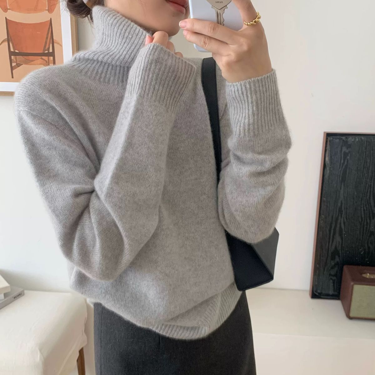 Women's High Neck Chunky Knit Sweater - Oversized Casual Turtleneck Pullover, Soft Acrylic Blend, Solid Color Winter Thermal Top (Grey, Black, Beige)_ecoleips.com