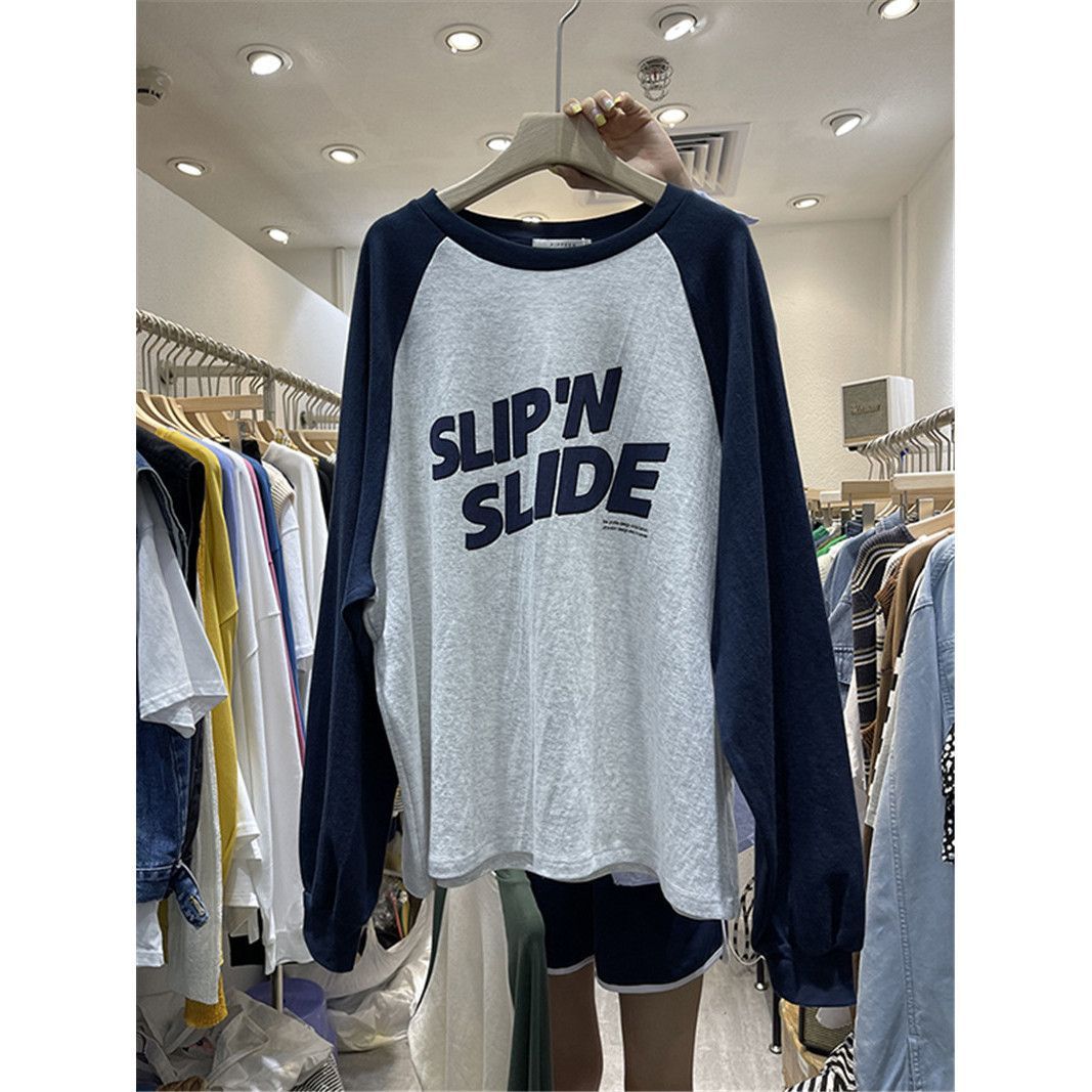 foreign Trade Cotton Autumn New Korean Large Size Loose Color-blocked Printed Letter Round-neck Pullover_ecoleips.com
