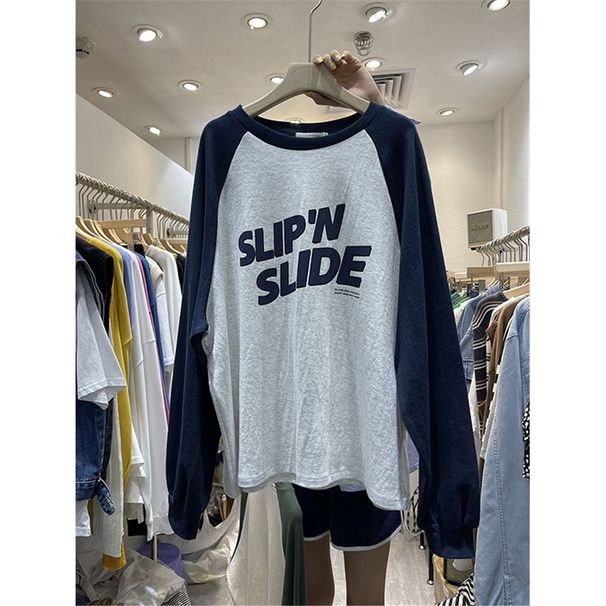 foreign Trade Cotton Autumn New Korean Large Size Loose Color-blocked Printed Letter Round-neck Pullover_ecoleips.com