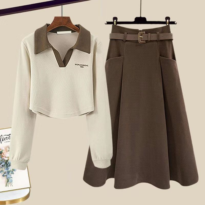 Women's Clothing autumn and winter new fat mm version of age reducing polo collar sweater skirt covering meat two piece suit_ecoleips.com