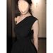 183 French Style Black Asymmetrical Shoulder Irregular Pleated Tank Top And Flower Bud Half Skirt Two-Piece Set For_ecoleips.com