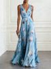 Summer Fashion Pattern Print Women Dress Sexy Sleeveless Hight Waist Draped Holiday Dress Elegant Deep V-neck Chiffon Long Dress_ecoleips.com