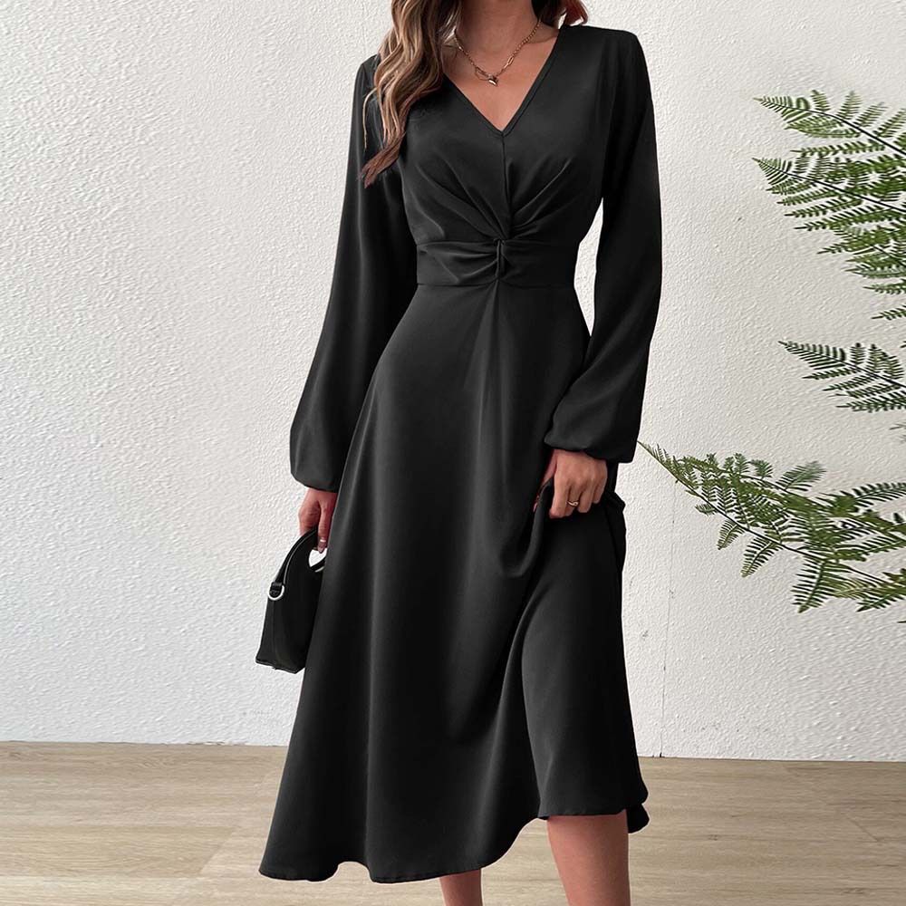 Voya Women's French Style V-neck Dress With Elegant Temperament In Autumn And Winter, A-line High Waist Mid Length Skirt_ecoleips.com