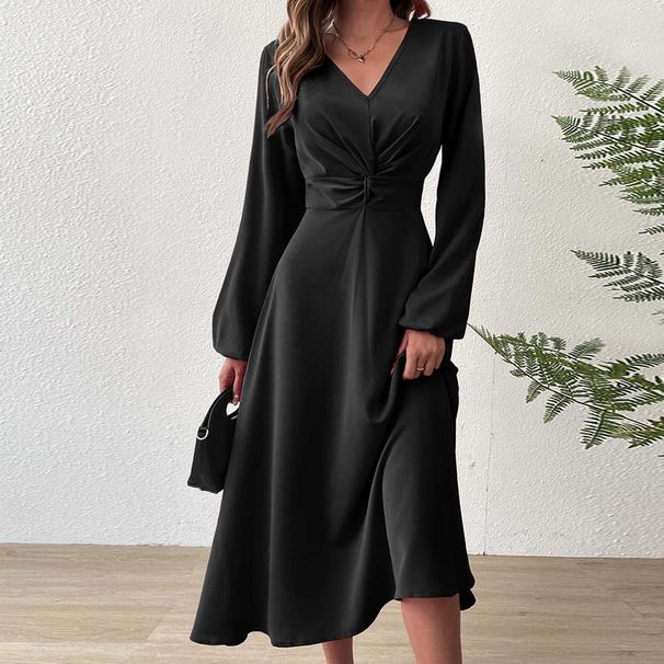 Voya Women's French Style V-neck Dress With Elegant Temperament In Autumn And Winter, A-line High Waist Mid Length Skirt_ecoleips.com
