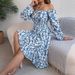Spring/Summer Women's Elegant Floral Square Neck Long Sleeve Fitted Waist Ruffle A-Line Skirt Casual Thin Dress for Ages 16-45_ecoleips.com