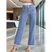Comfortable Women's Light Blue Straight Leg Jeans Multiple Buttons Frayed Edges Cross Border Exclusive Factory Direct_ecoleips.com