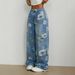 Women's Clothing Street Fashion Loose Straight Wide Leg Pants Printed Denim Trousers_ecoleips.com