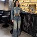 Trendy Distressed Denim Hoodie Set For Women - Slim Fit Cropped Jacket & Pants With Vintage Wash - Streetwear Fashion For Fall_ecoleips.com