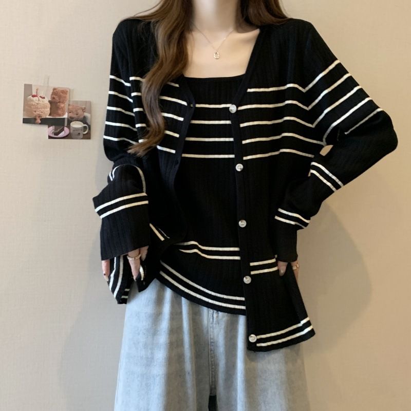 Women's Clothing Autumn New Fat MM Large Size New Casual Striped Knitted Suit Suspenders Cardigan Tops Female Two Piece Suit_ecoleips.com
