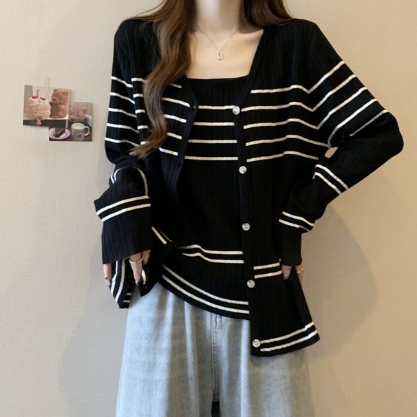 Women's Clothing Autumn New Fat MM Large Size New Casual Striped Knitted Suit Suspenders Cardigan Tops Female Two Piece Suit_ecoleips.com