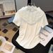 Real Shot Of The New Spring And Summer Hooded Lace V Neck Short Sleeved T Shirt For Women With Pleated Slim Fit And Sweet Tops In White And Gray_ecoleips.com