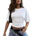 Summer Solid Color Women's T-Shirt Crew Neck Short Sleeve Slim Waist Gathered American Style_ecoleips.com