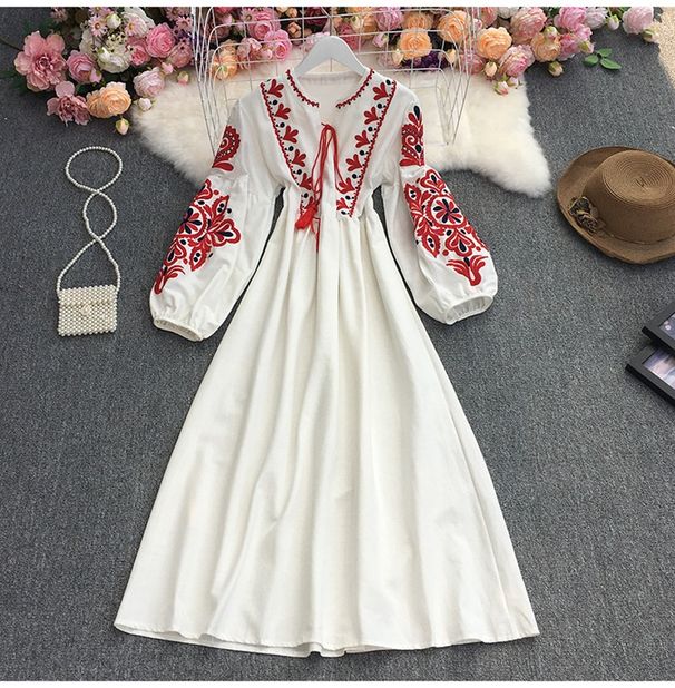 Women's Clothing V Neck Trumpet Sleeve Tie Waist Large Swing Ruffle Dress Female Drape_ecoleips.com