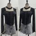 Women's Clothing Real Shot Sexy Hollow Halter Neck Denim Splicing Mesh Straps Irregular Long Sleeved T Shirt Short Top_ecoleips.com
