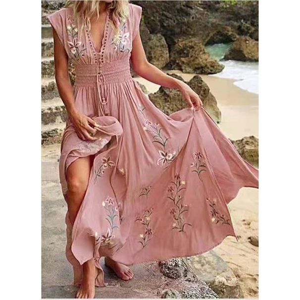 2023 New European And American Cross-Border Summer Women's V-Neck French Beach Bohemian Printed Dress_ecoleips.com