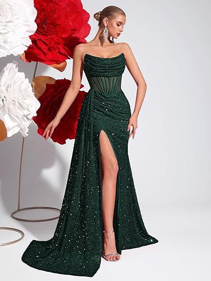 Women's Clothing Sequined Strapless Evening Gown American Style Small Slit Train Elegant Birthday Party Runway Show Dress_ecoleips.com