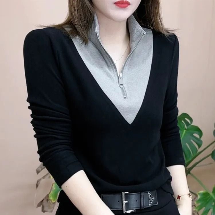 Unique Design Top 2026 Autumn/Winter German Fleece Patchwork Color Stand-Up Collar Long-Sleeved, Slimming And Warm Base_ecoleips.com