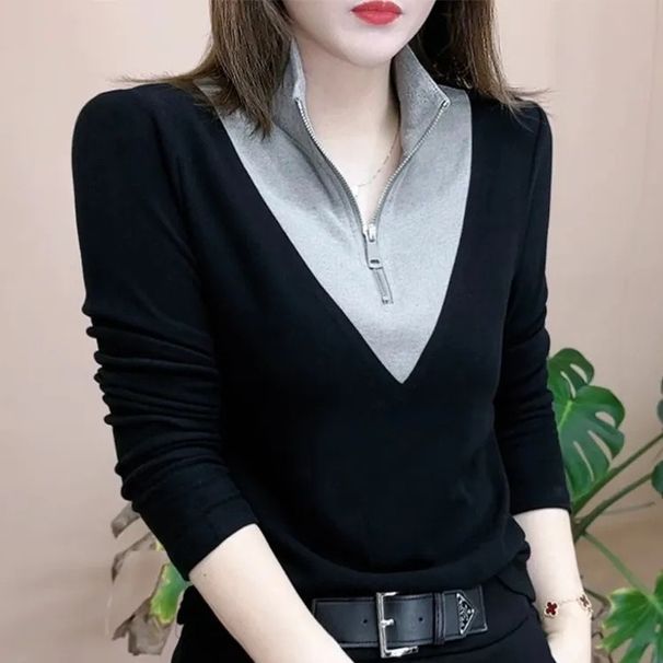 Unique Design Top 2026 Autumn/Winter German Fleece Patchwork Color Stand-Up Collar Long-Sleeved, Slimming And Warm Base_ecoleips.com
