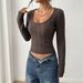 Women's Slim Fit Cable Knit Sweater Solid Color U Neck Cropped Style For Autumn Winter Sexy Fashion_ecoleips.com
