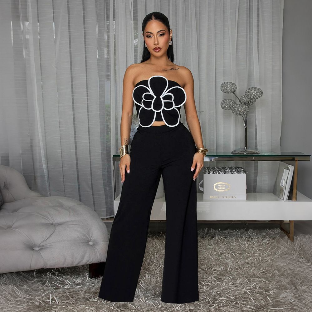 Women's Clothing Floral Two Piece Set Women's Clothing Sexy Strapless Short Top With Solid Color Wide Leg Pants_ecoleips.com