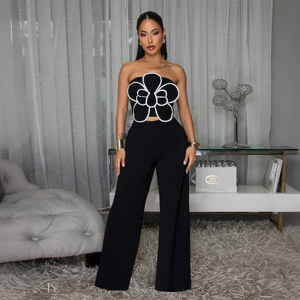 Women's Clothing Floral Two Piece Set Women's Clothing Sexy Strapless Short Top With Solid Color Wide Leg Pants_ecoleips.com