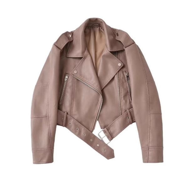Vintage Biker Jacket Women – Faux Leather Cropped Pilot Jacket With Belt (XS/S/M/L/XL, Khaki/Black/Beige/Bronze/Silver)_ecoleips.com