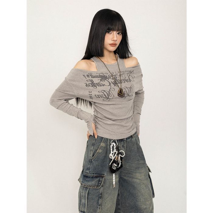 Off-Shoulder Layered T-Shirt – Slim Fit Long Sleeve Top, Ribbed Waist Detail, Trendy & Chic Trendy Neutral Colors_ecoleips.com