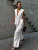 Women's Clothing Sleeveless Solid Color Breathable Sleeveless Lounge Set – Women’s Casual Polyester-Blend Top & Pants (S-XL, 6 Neutral Shades)_ecoleips.com