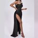 Women's Clothing Black Fashion One Shoulder Sleeveless Backless Silk Casual Pleated Loose Long Slit Dress Party Dress_ecoleips.com