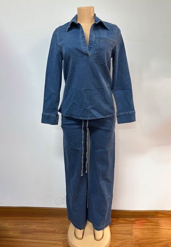 Women's Clothing Denim Suits Long Sleeved Lapel Pocket Tops Lace Up Straight Trousers Two Piece Suits_ecoleips.com