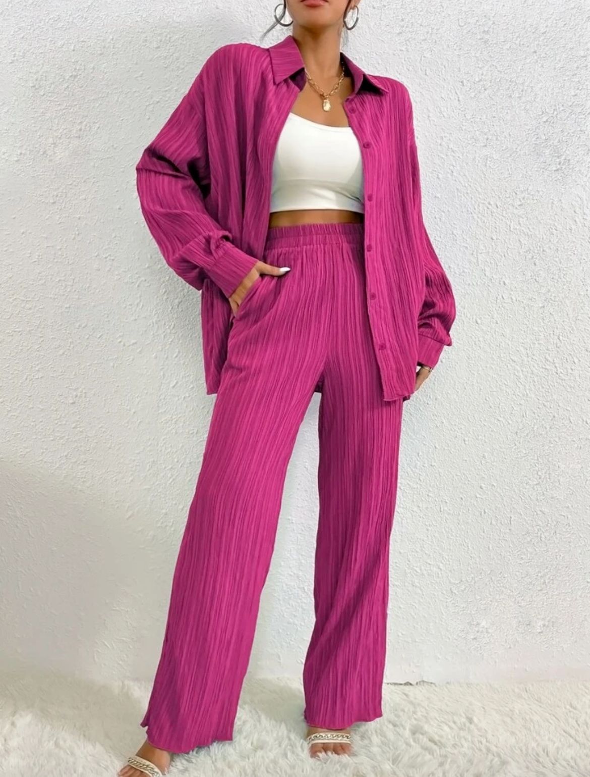 2025 Spring And Autumn Women's Solid Color Draped Loose Smooth Pleated Casual Two-Piece Set_ecoleips.com
