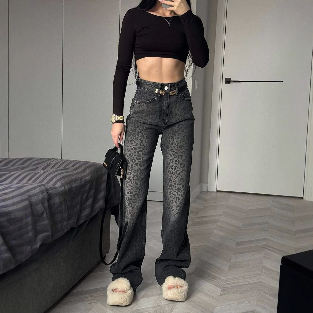 Women's Clothing Spring And Summer New Leopard Print High Waist Jeans Women's Long Casual Flared Trousers Women's Clothing_ecoleips.com