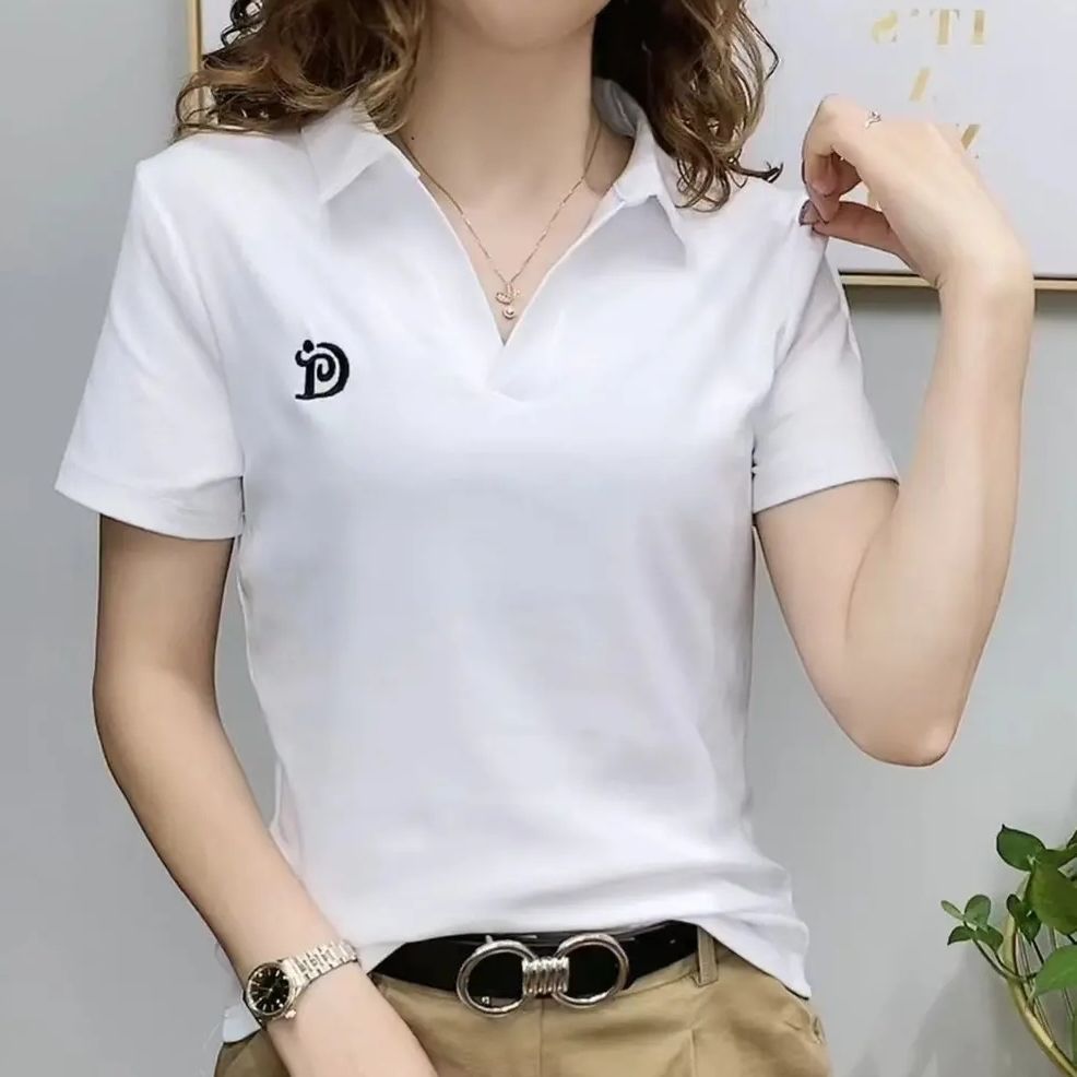 Internet Celebrity Popular Women's Polo Shirt V-neck Short-sleeved T-shirt Women's Summer New Loose Foreign Style Age-reducing Casual Top_ecoleips.com
