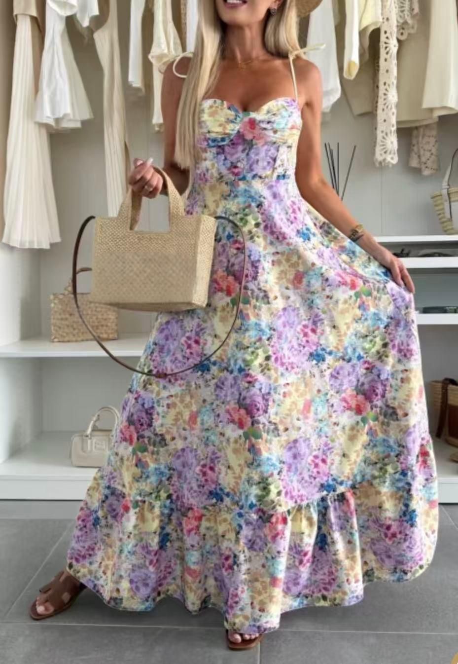 Women's Clothing Spring And Summer Simple Fashion Print Summer New V Neck Pullover Suspender Dress_ecoleips.com