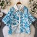 Elegant Floral Lace Blouse With Puff Sleeves & Rhinestone Detailing – Relaxed Fit, Short Sleeve, Crew Neck – Blue & Red Options_ecoleips.com