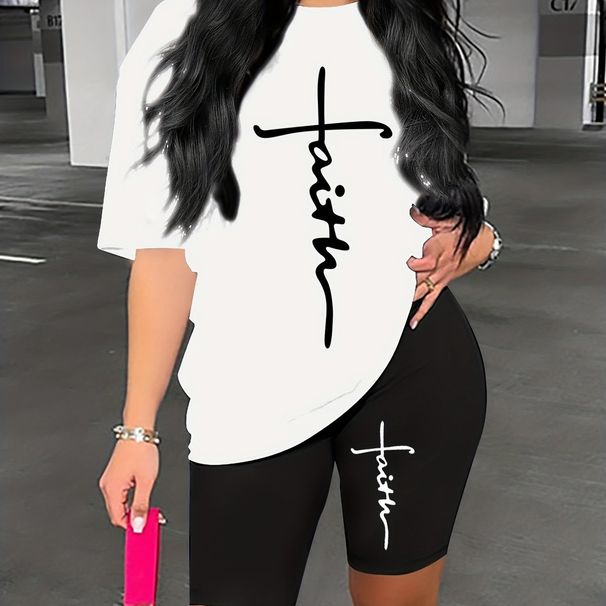 Summer Women's Casual Fashion Cross Faith Graphic Print Loose T-shirt Shorts Two-piece Set Summer Sportswear Suitable For Daily Wear-160_ecoleips.com
