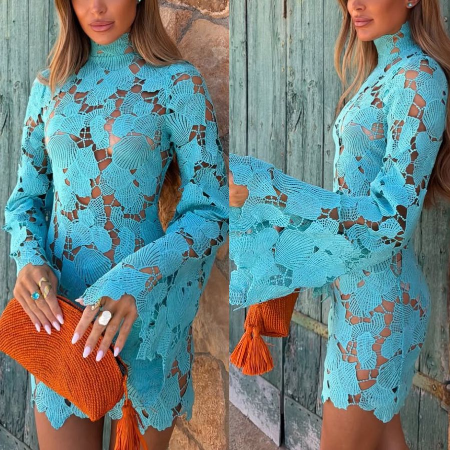 High Neck Lace Long Sleeve Women's Dress Casual Loose Style for Vacation_ecoleips.com