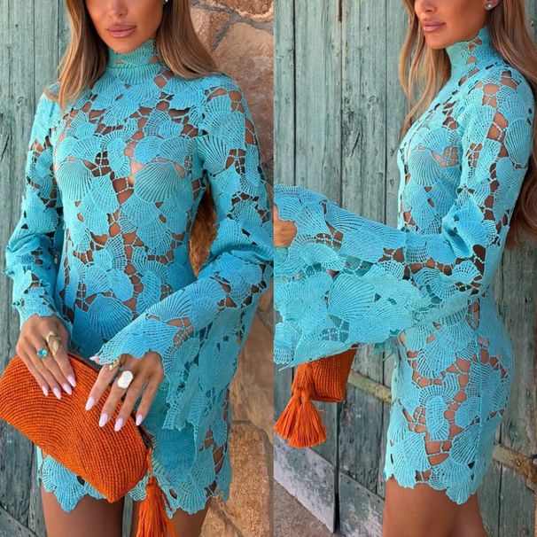 High Neck Lace Long Sleeve Women's Dress Casual Loose Style for Vacation_ecoleips.com