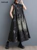 2026 Summer New Black Vintage Print Sleeveless Dresses For Women Stand Collar Loose Casual Long Dress Fashion Elegant Clothing_ecoleips.com