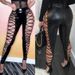 Elegant Black Pu Leather Pants With Cross Strap Detail - Slim Fit High Waist Pants For Women, Stylish & Sexy Trousers For Night Out Or Casual Wear_ecoleips.com