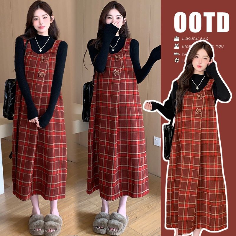 Autumn New Korean Fashion 2-Piece Plaid Maternity Dress For Pregnant Women_ecoleips.com
