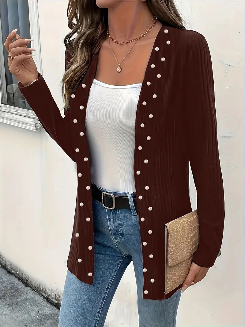 Elegant Beaded Knit Cardigan Jacket For Women - Stylish Office Wear & Casual Outerwear With Flowy Sleeves_ecoleips.com