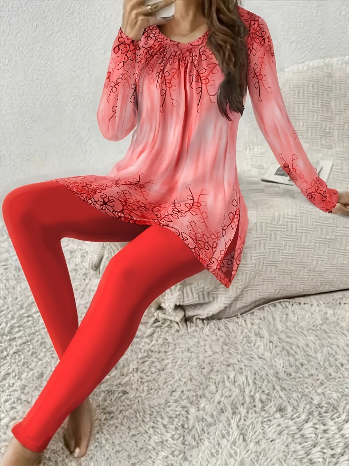 Women's Casual Home Wear Two Piece Set Long Sleeved Split Top And Yoga Pants With Butterfly And Floral Print_ecoleips.com