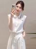 French-Style Vintage White Off-The-Shoulder Top With A Super Stylish Design, Summer Striped Polo Collar Sleeveless Shirt_ecoleips.com