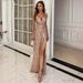 Sexy V Neck Sequined Strappy Dress Open Back High Split Long Skirt Party Dress_ecoleips.com