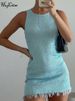 Hugcitar 2024 Summer Knitted O Neck Sleeveless See Through Tassel Sexy Slim Mini Dress Women Elegant Outfit Beach Vacation Party_ecoleips.com