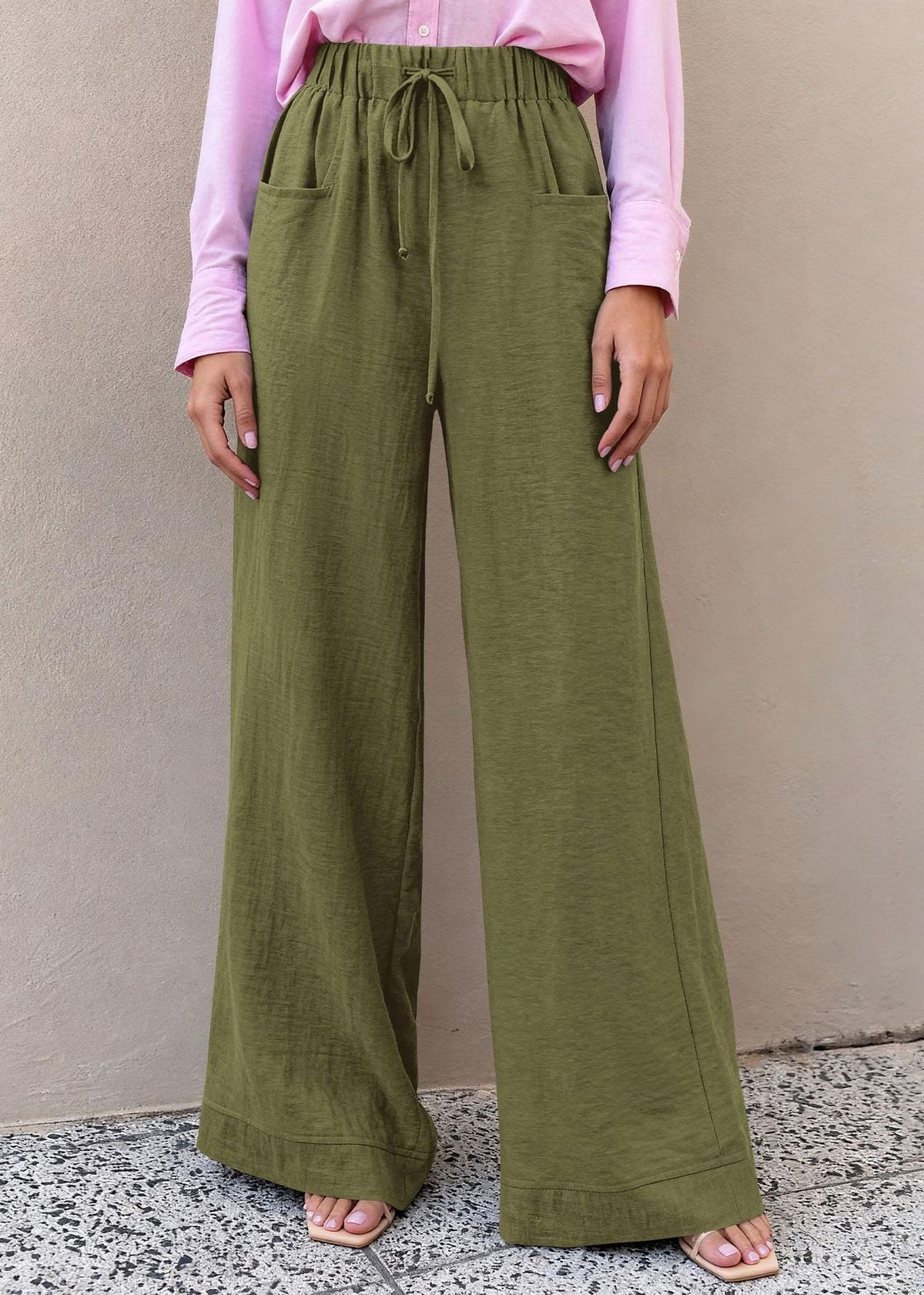 Women's Clothing High Waist Wide Leg Pants Casual Loose Fit Drawstring Solid Color Fashion Bottoms_ecoleips.com